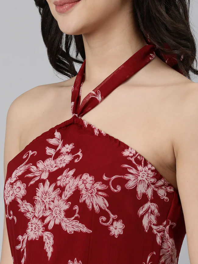Women Maroon Floral Chiffon Dress - Image 2