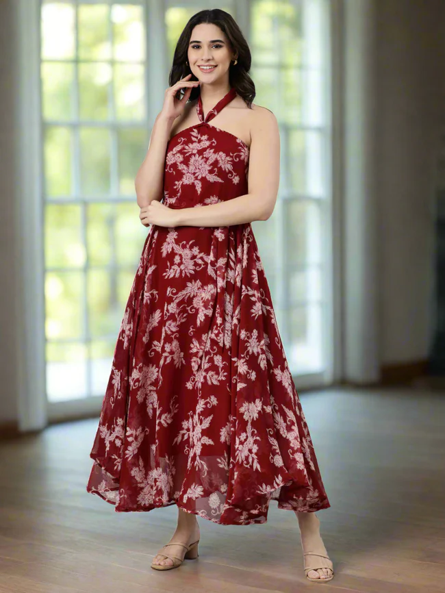 Women Maroon Floral Chiffon Dress - Image 4