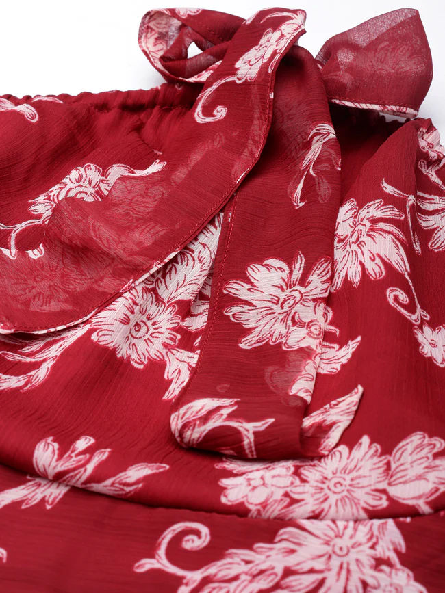Women Maroon Floral Chiffon Dress - Image 3
