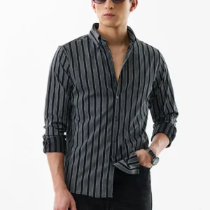 Slim Fit Stripes Black Shirt