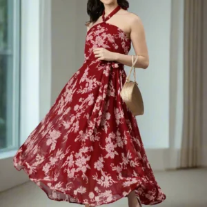 Women Maroon Floral Chiffon Dress